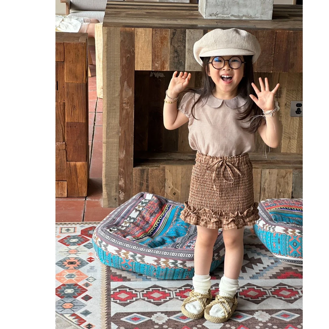 壹妈韩版童装女童夏季套装儿童洋气娃娃领泡泡袖上衣花边半身裙子