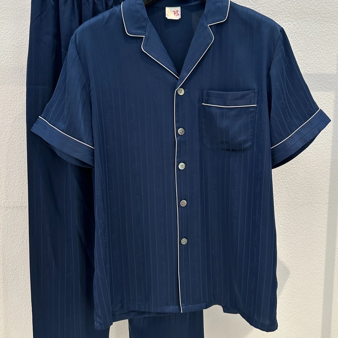 J075【工厂直销】男士仿丝提花翻领短袖长裤家居服睡衣夏季清凉套装