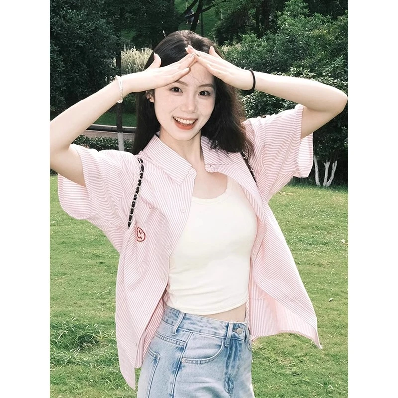 复古港风chic衬衫女夏季笑脸粉色条纹短袖衬衣宽松休闲外套上衣潮