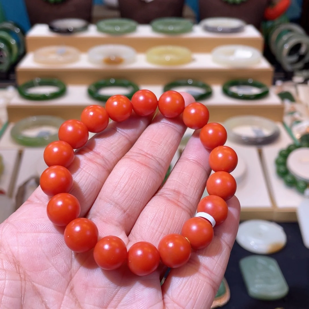 南红玛瑙收藏级柿子红手串卡11+未镶嵌