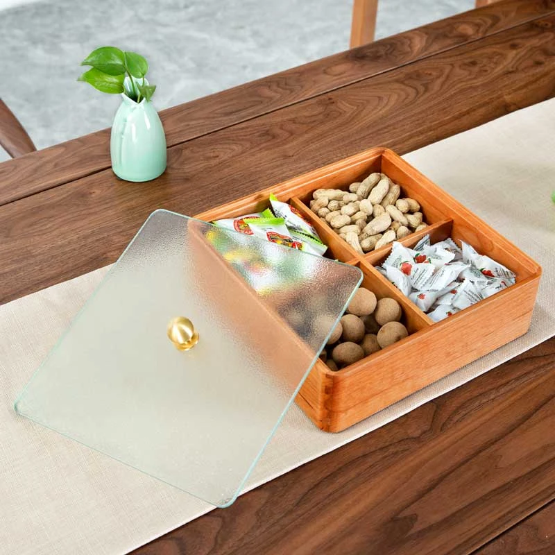 （玻璃盖）北美红樱桃糖果盒实木收纳盒四宫格木质多格