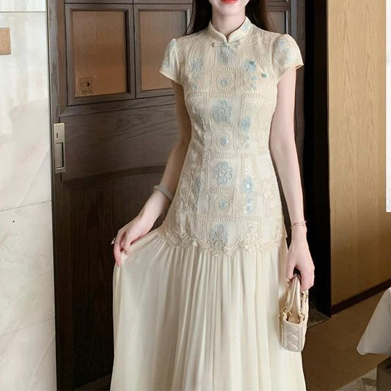 2025新款【白叙诗】国风新中式蕾丝改良旗袍女春夏雪纺拼接连衣裙