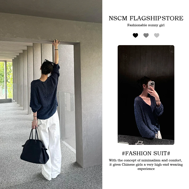 NSCM秋季新款韩版长袖镂空宽松型毛针织衫显瘦百搭老钱风女米白裤