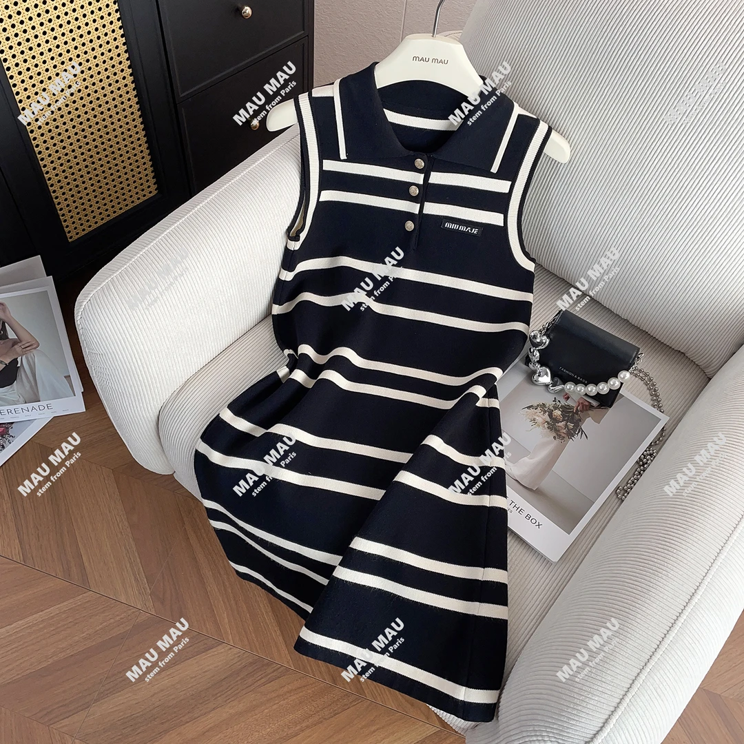 MIUMEM现货 简约条纹polo领无袖针织裙新款小个子连衣裙DY4032