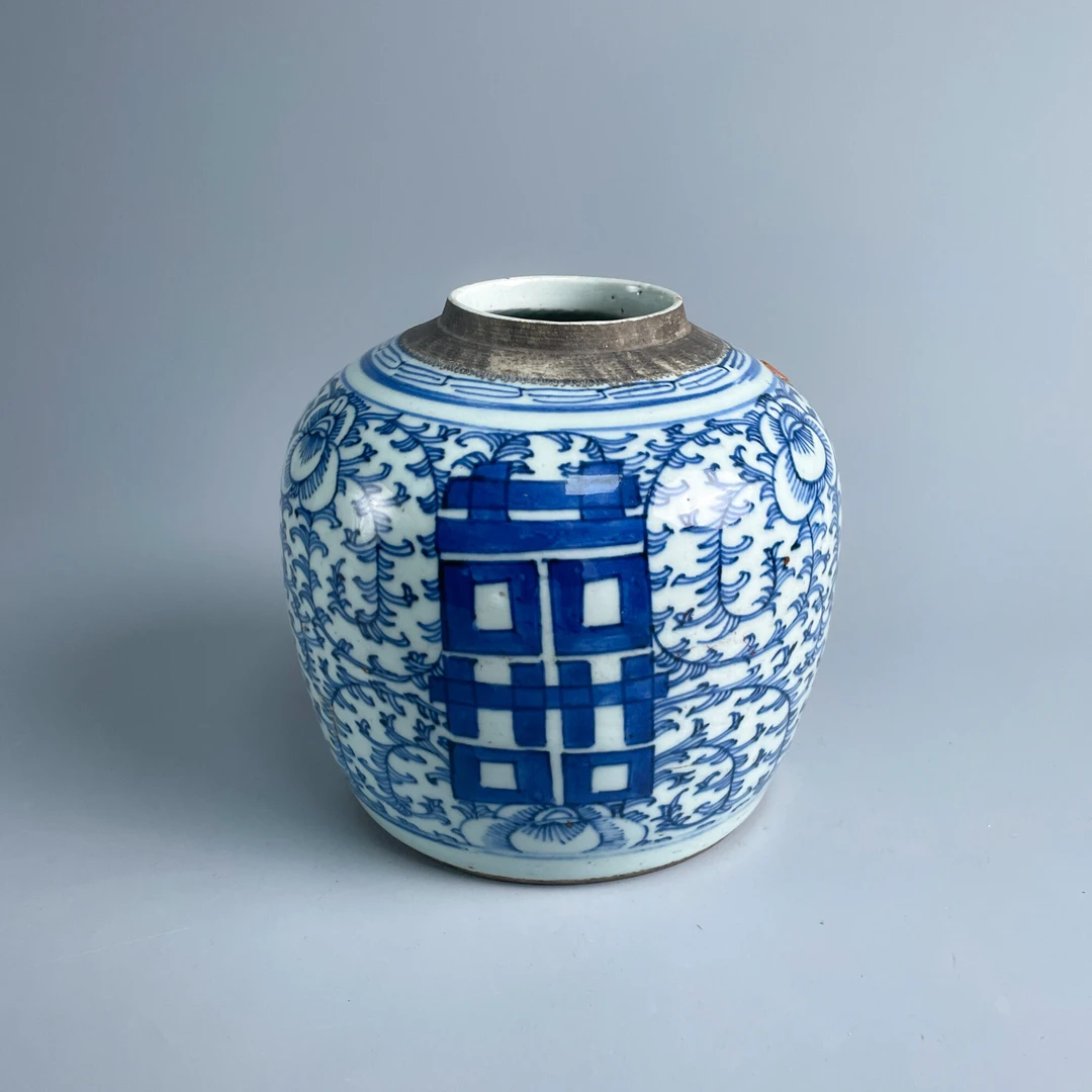 瓷器/古董清中期青花喜字罐-M25AJ003276/收藏/文物/绣花张