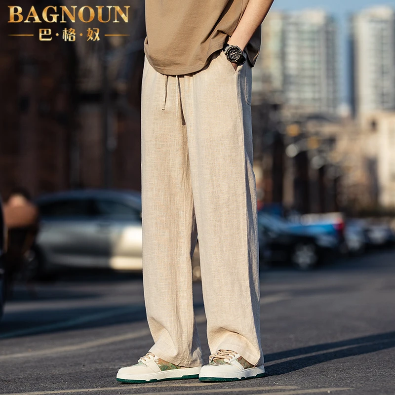 巴格奴亚麻休闲裤男士夏季新款时尚高端棉麻直筒薄款大码宽松裤子