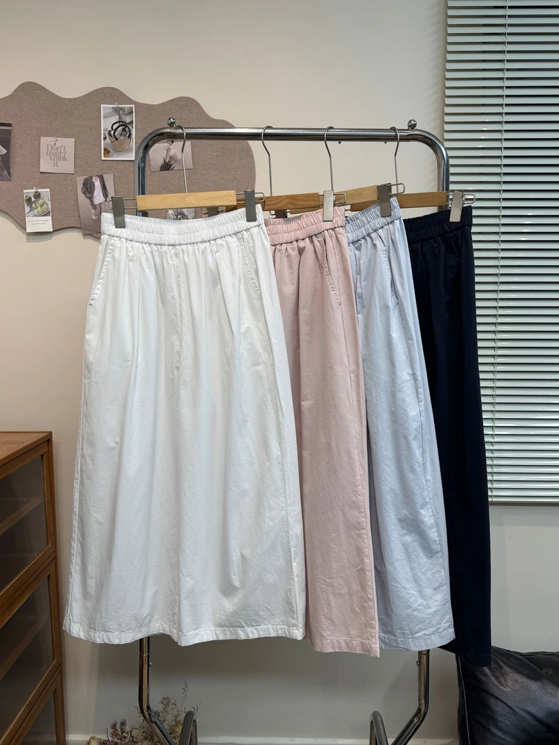 日系复古纯色直筒裤女夏高腰设计感小个子松紧腰百搭九分阔腿裤子