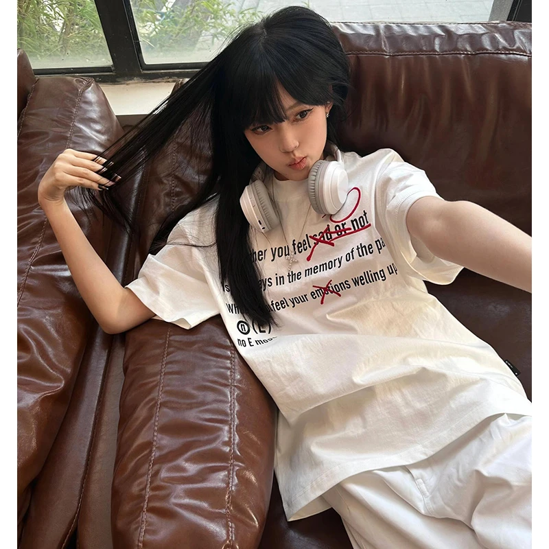 白色美式短袖t恤女夏季2025新款宽松潮牌小众设计感复古高街上衣