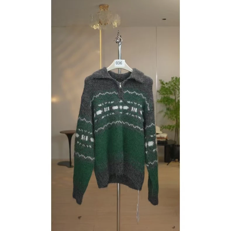 条纹撞色翻领拉链毛衣外套女秋冬季羊毛针织复古休闲圆领上衣T706
