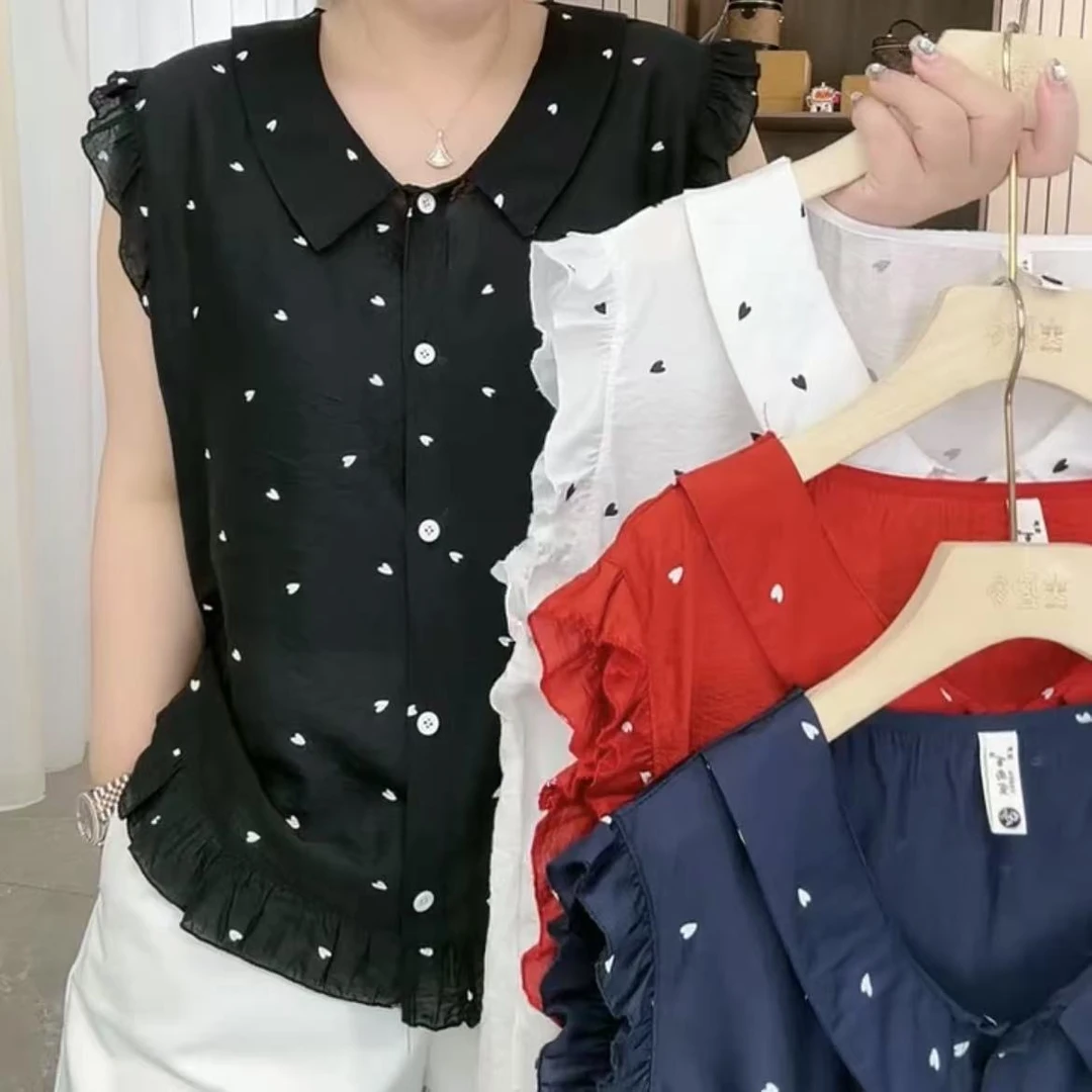 影8370夏季女装宽松显瘦衬衫领花边袖洋气衫