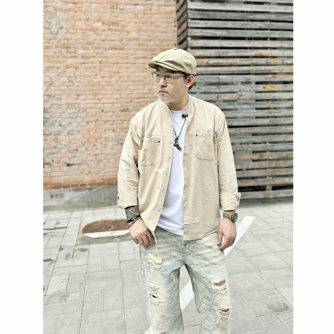 早秋阿美咔叽复古工装基础百搭小立领纯棉休闲长袖衬衫1106