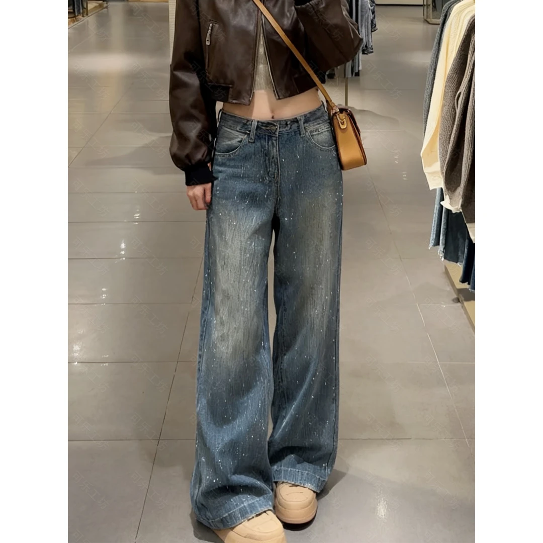 2025烫钻女水洗长裤辣妹风牛仔裤休闲高腰女秋冬显瘦直筒阔腿裤