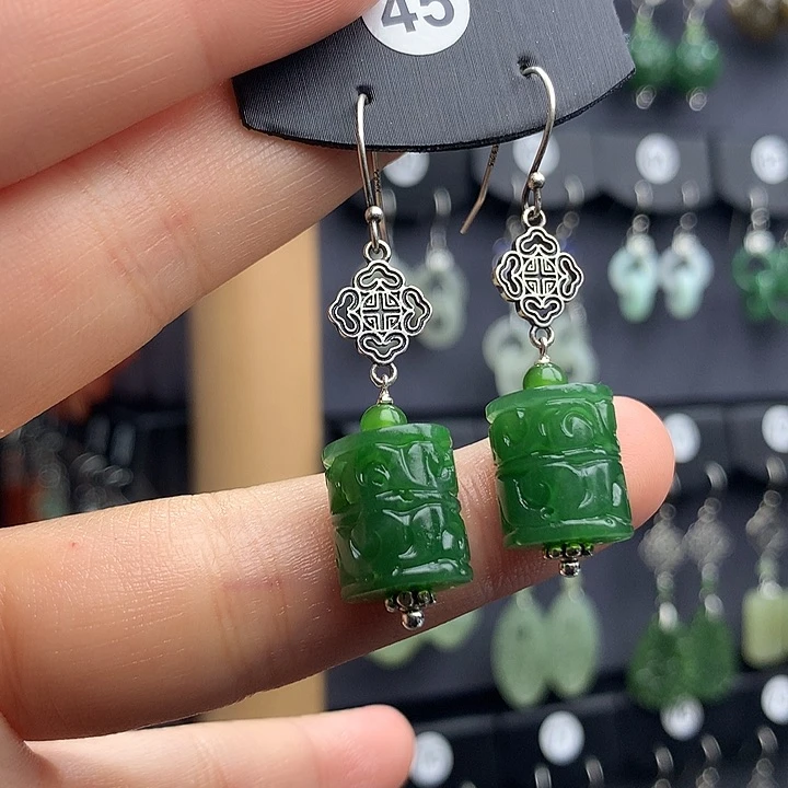 和田玉耳饰银S925镶嵌暖*