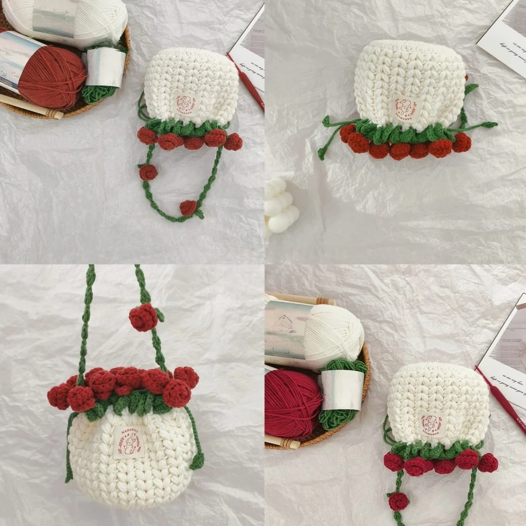 仿真玫瑰花束口手提零钱包毛线钩针diy自制材料包手作送女友礼物