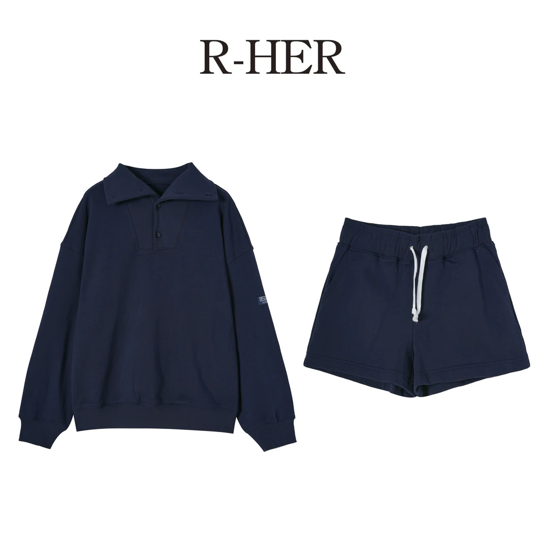R-HER【立领老钱】极简百搭英式老钱风休闲翻领时尚长袖纯色套装