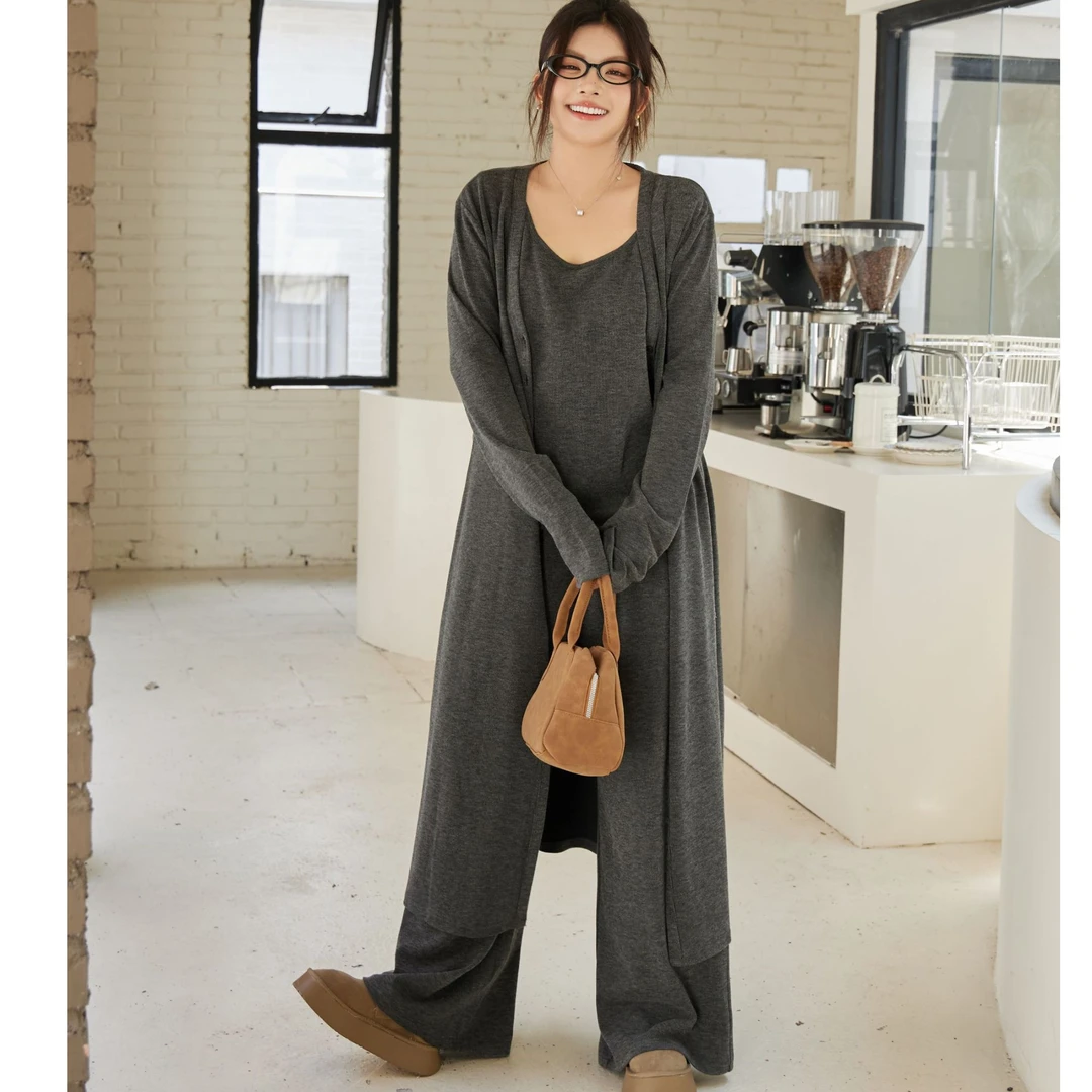 韩版气质简约慵懒休闲中长款开衫+纯色背心+休闲阔腿裤套装 3690