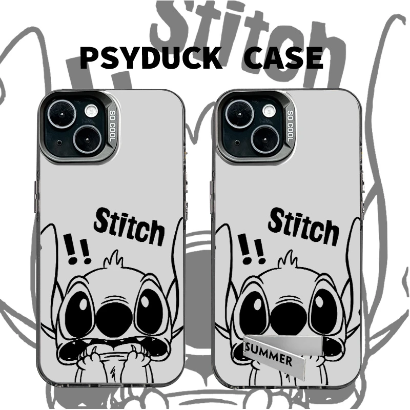 适用苹果华为一加小米史迪仔线条彩银黑底卡通动漫防摔手机壳