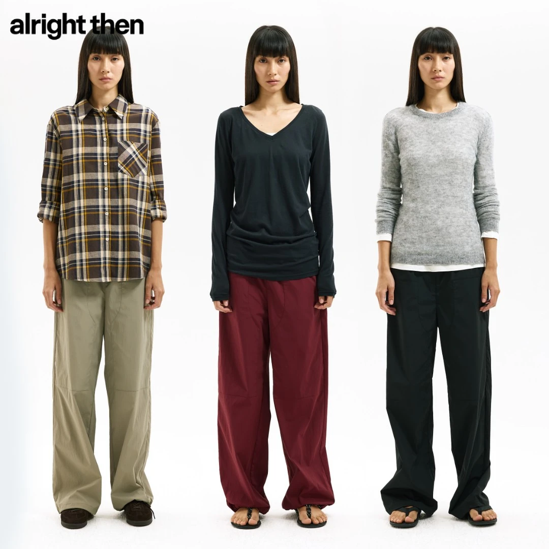 alright then无腰头侧拉链大口袋橡筋抽绳工装阔腿直筒运动休闲裤