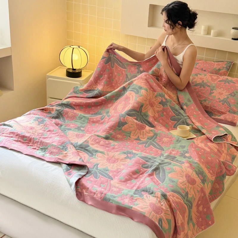 透气彩棉【纱布毛巾被】<喜上莓梢-绿>1.5X2m<±5cm> 毛巾被  单人