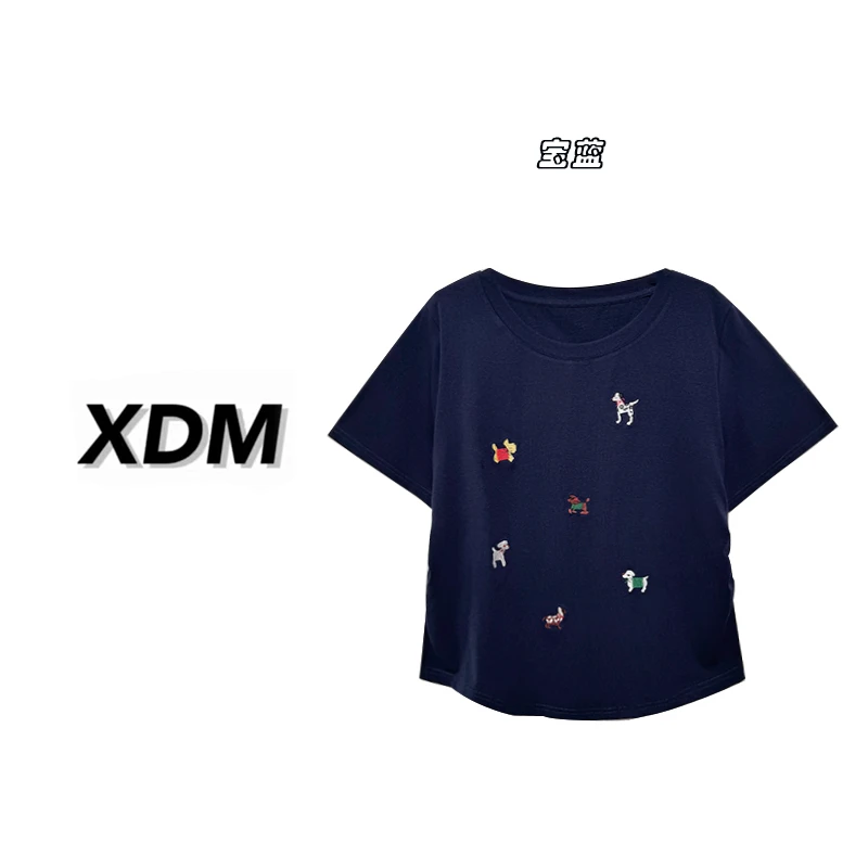 狗狗刺绣趣味棉质短袖上衣夏季大码女装正肩韩版显瘦洋气T恤3175