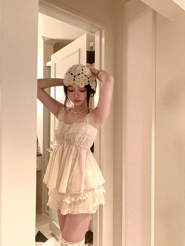 【美神降临】夏季新款高级感网纱拼接收腰显瘦吊带背心配蕾丝蛋糕裙