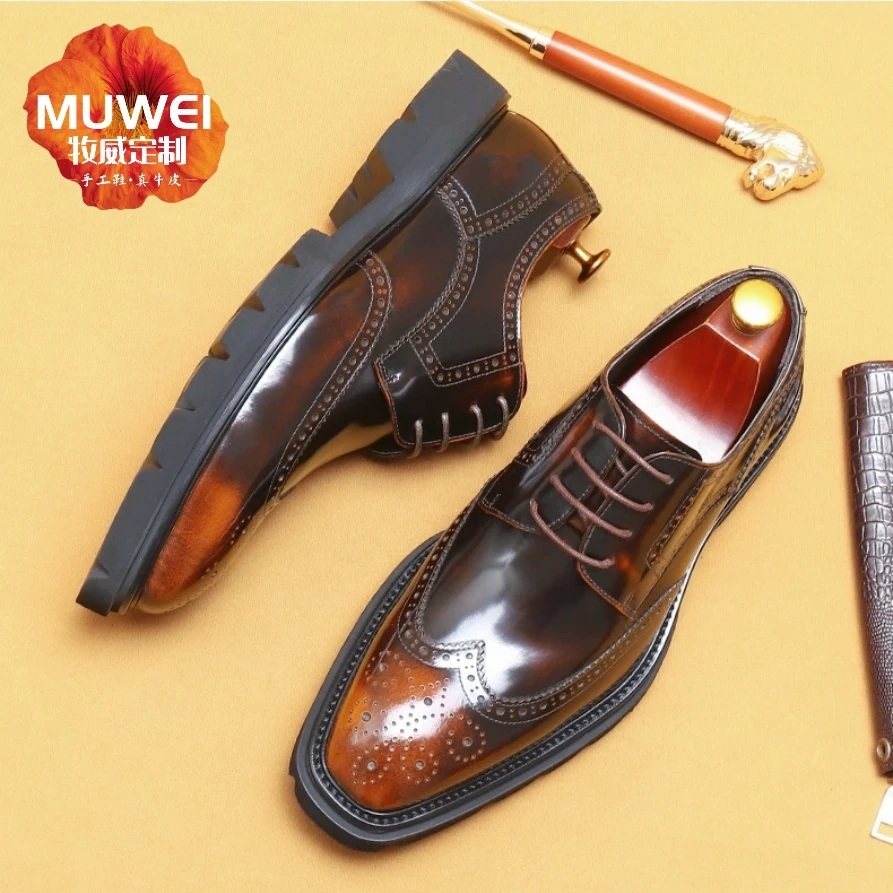 男士头层牛皮真皮鞋布洛克雕花亮面圆头高底擦色男士英伦风休闲
