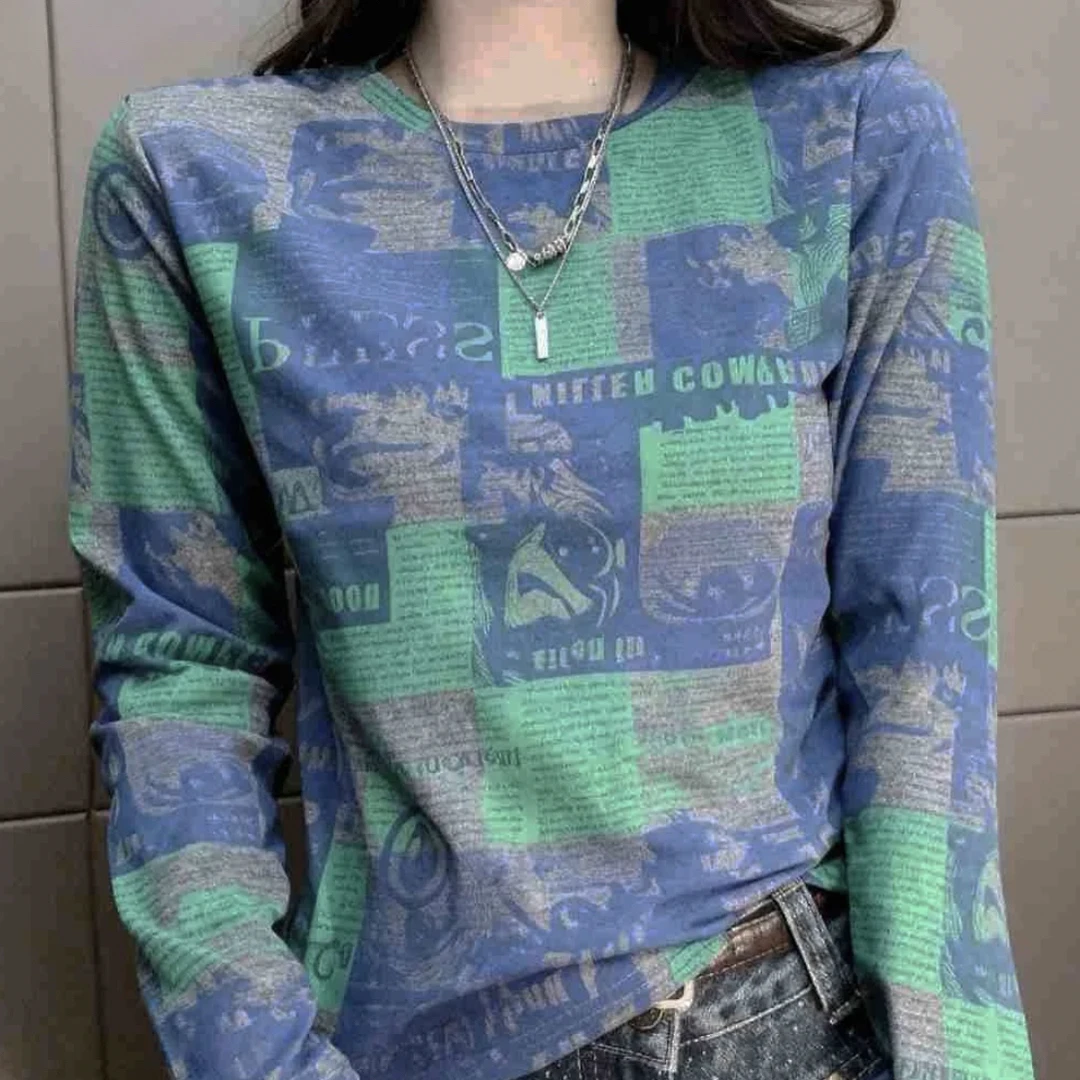 缘报纸欧货满印图纸印花秋季新款圆领长袖女时尚百搭上衣2016