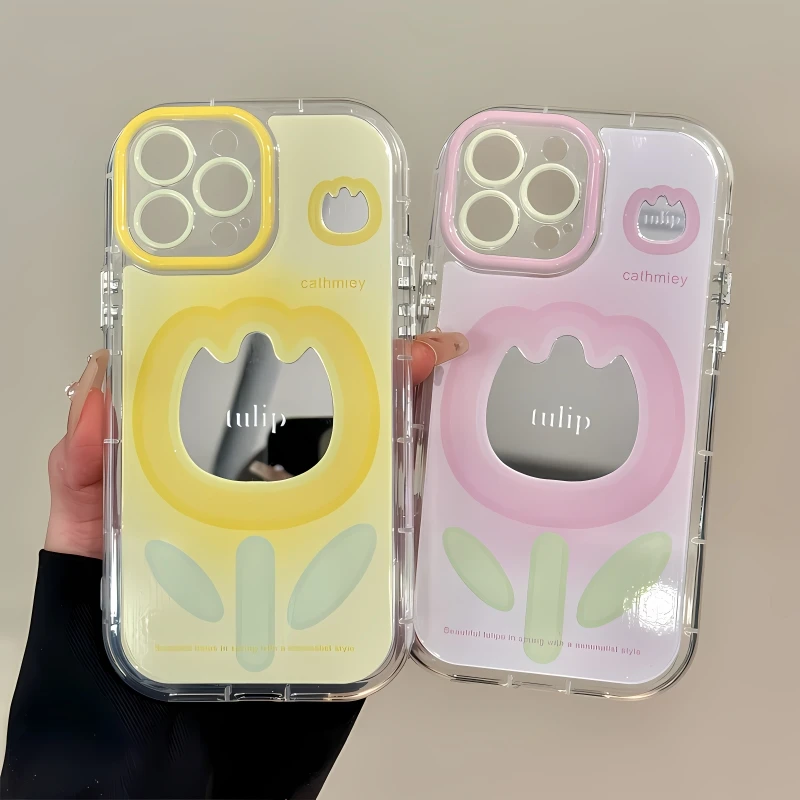 适用苹果15镜面奶油iPhone16手机壳华为mate70黄郁金香小米15小众