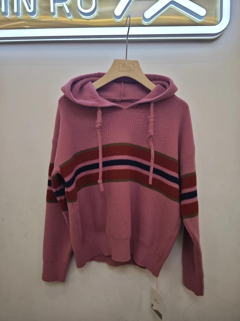 4-666101连帽拼色毛衣55长