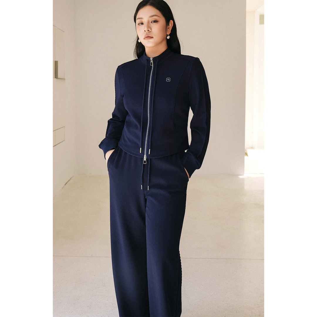 PLUSMALL 藏蓝晨曦 针织懒人套装收腰上衣+抽绳直筒裤PM2508061AB