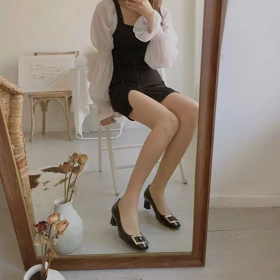 欧美法式 性感时尚方头复古粗跟四季经典百搭中跟通勤真皮 女单鞋