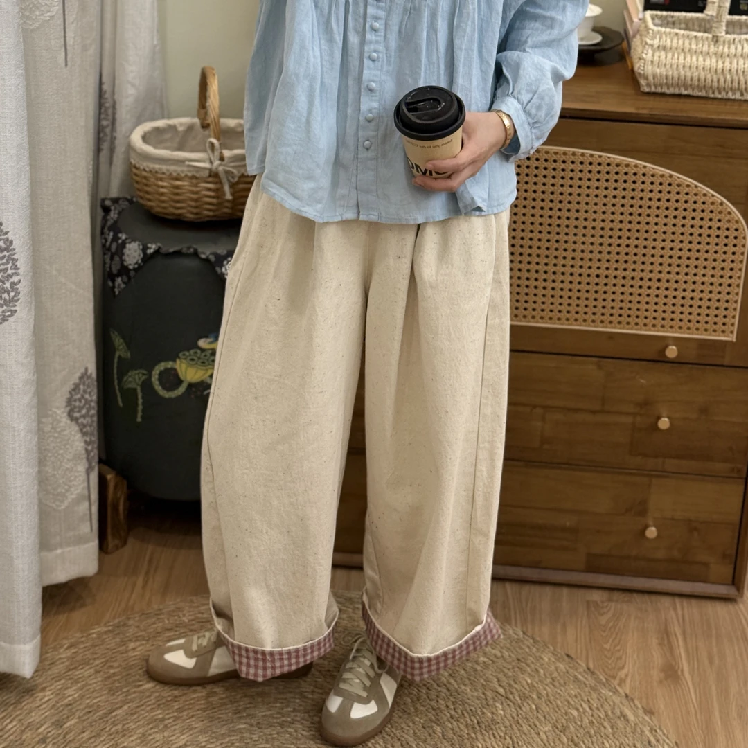 【潇然棉麻】定制款松紧腰宽松显瘦翻边撞色小众阔腿休闲女裤新款