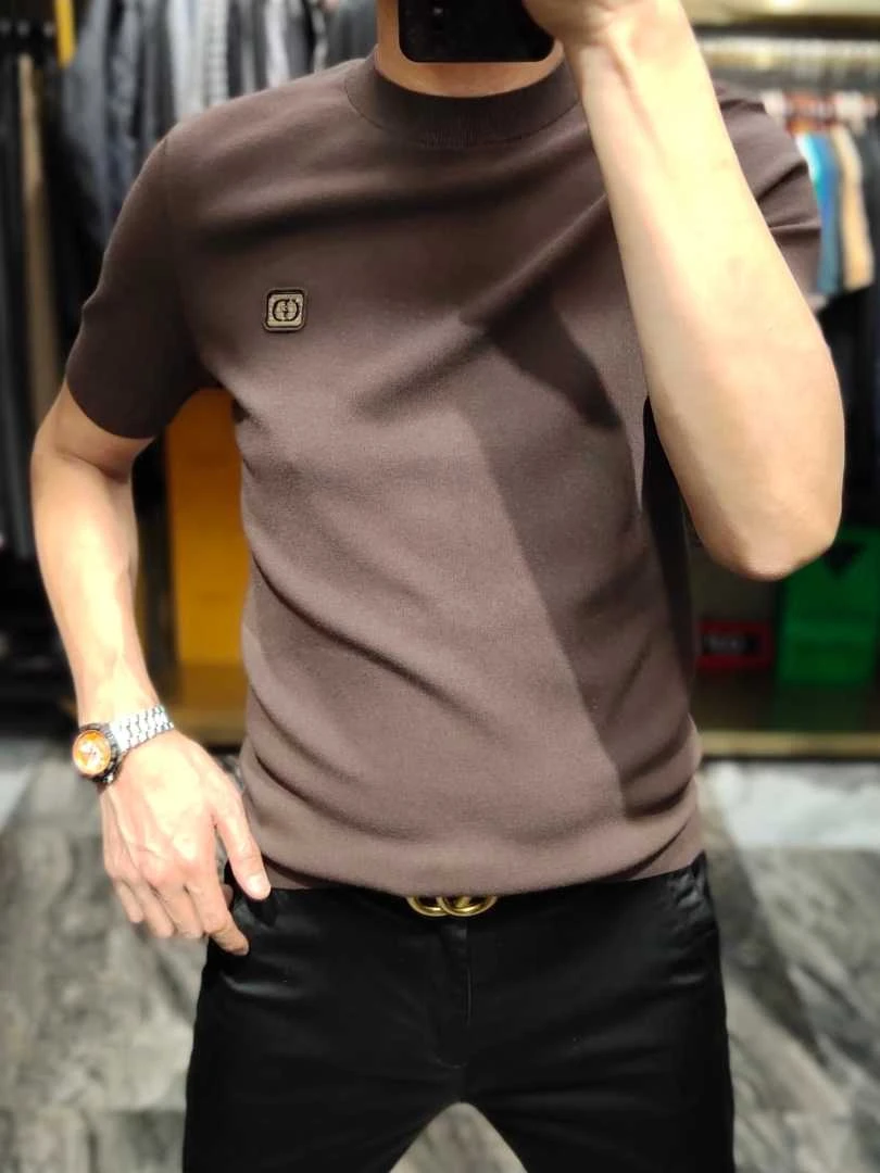 男士高品质欧货男士圆领针织短袖T恤时尚潮流休闲百搭刺绣春夏款