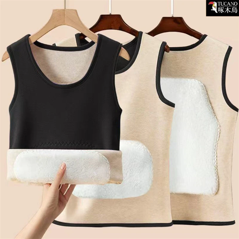 啄木鸟2025年新款双面绒拼接撞色T恤秋冬加绒内搭保暖通勤背心女