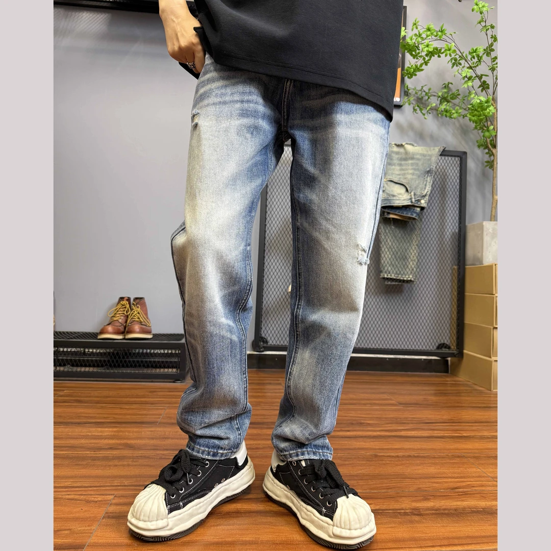 春秋款宽松潮牌款微锥破洞渐变日系休闲百搭潮流牛仔裤男士C9039