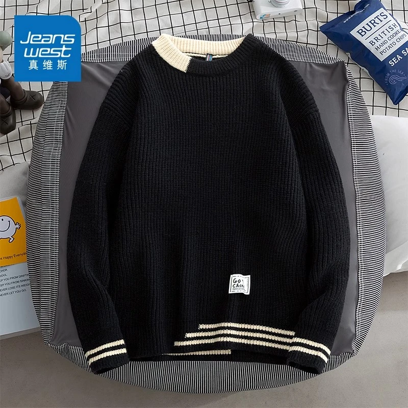 Jeanswest/真维斯男士保暖圆领毛衣秋冬季宽松休闲长袖针织打底衫