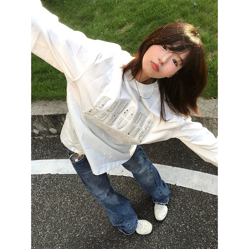 小个子创意字母刺绣长袖女春秋季慵懒风宽松纯棉T恤休闲学生上衣