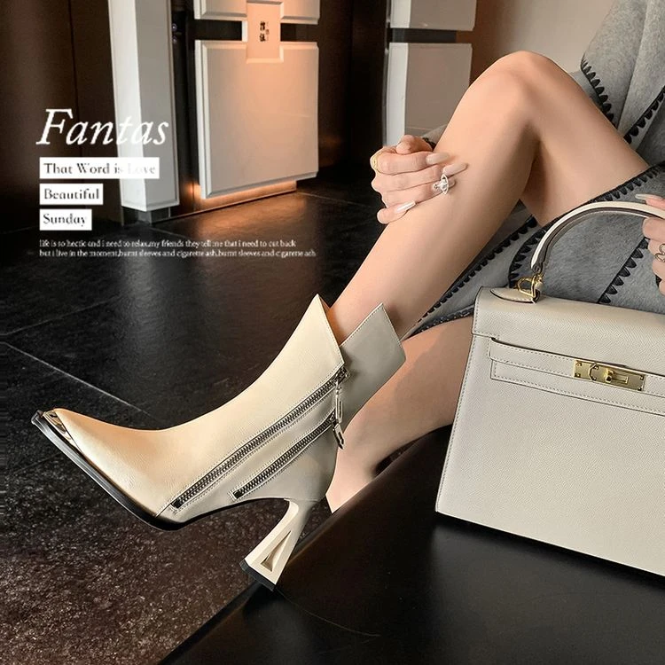 8.5CM法式牛皮高跟短靴英伦风百搭尖头粗跟侧拉链显瘦时装靴