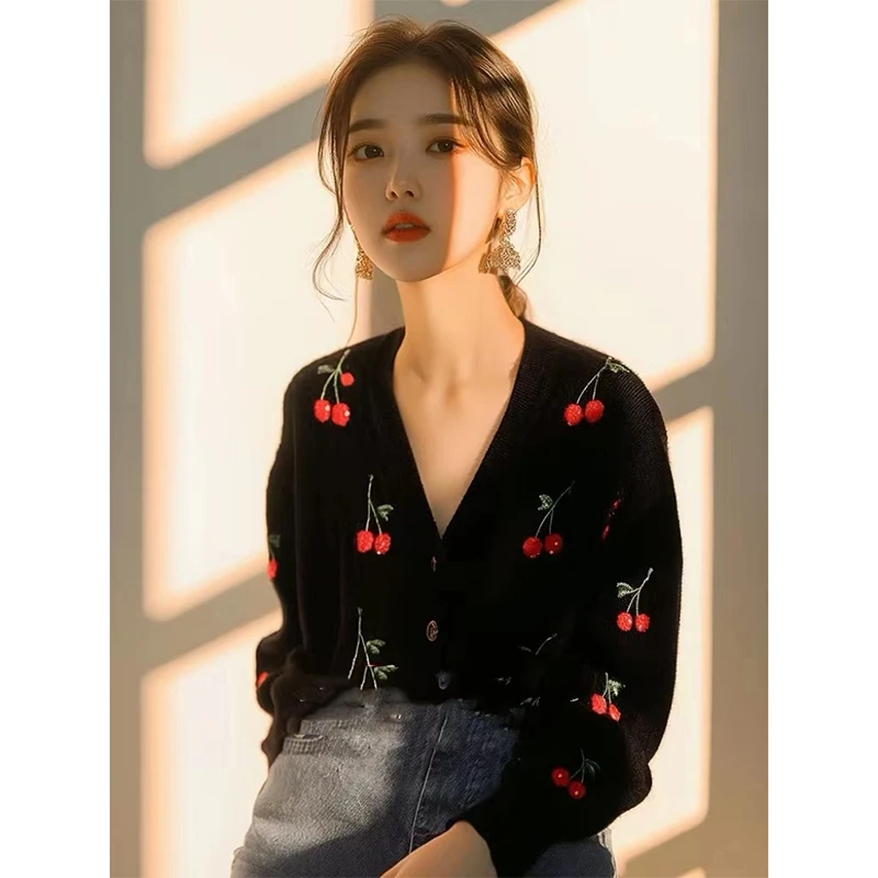 YY#樱桃印花针织开衫宽松慵懒风春季上衣气质显瘦小衫DY12388