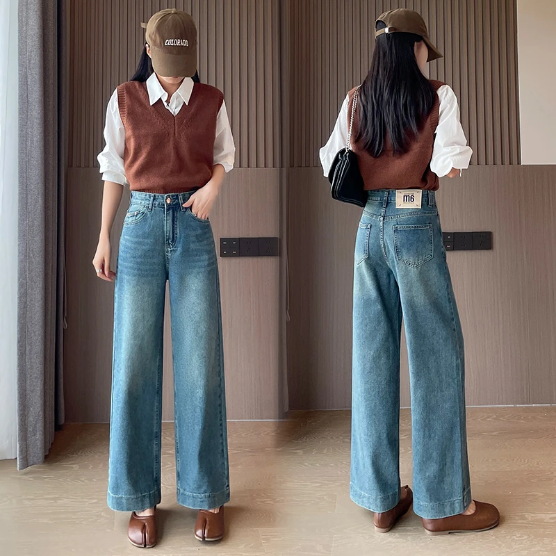 无弹力2025秋季韩版长裤直筒版型超好看的裤子小个子深蓝色牛仔裤