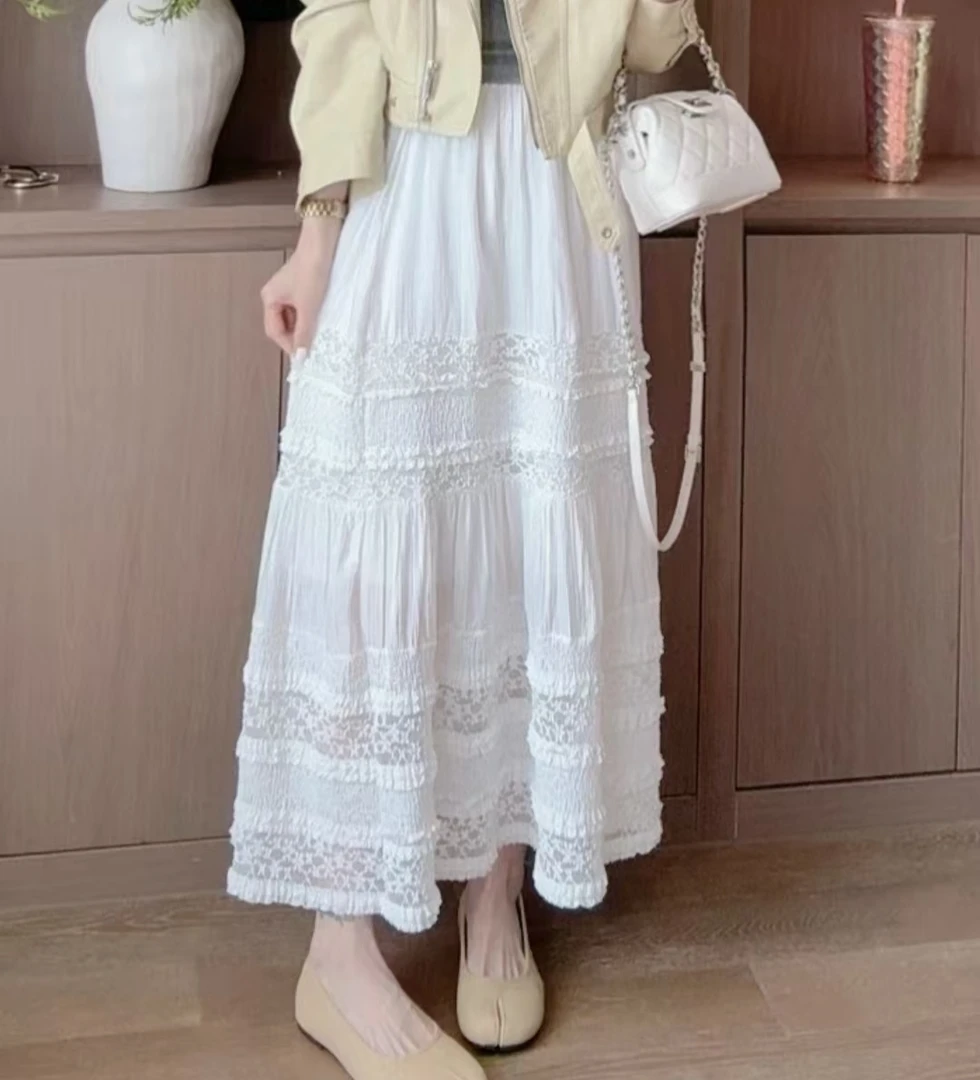 重工法式高腰蕾丝镂空白色半身裙女松紧a字长裙宽松百搭夏季休闲
