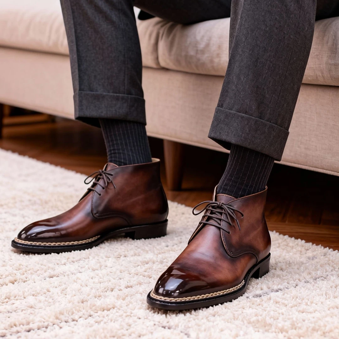 男士靴子挪威缝手工马球靴正装复古固特异真皮英伦风皮鞋男款