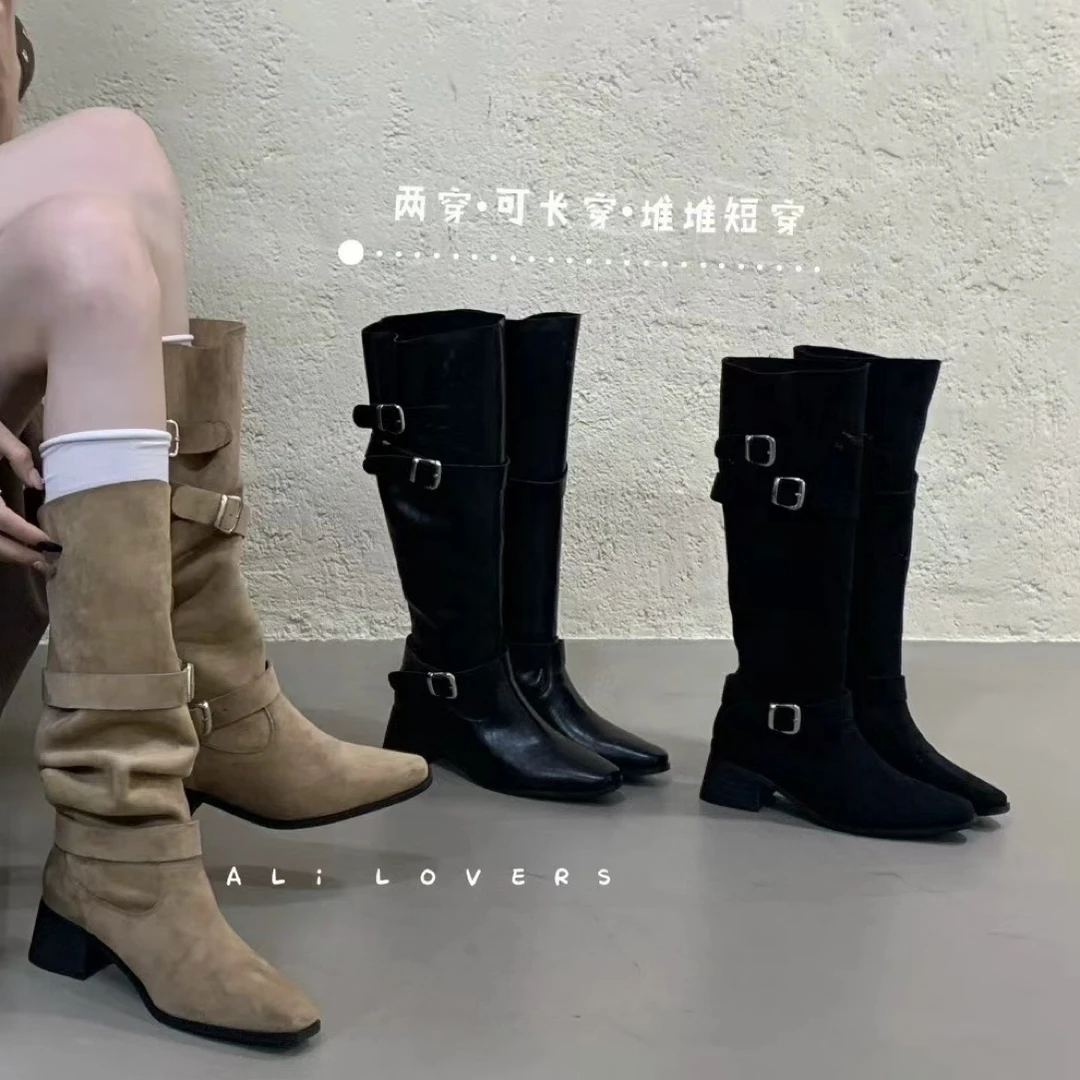 粗跟堆堆靴子女秋款2025年新款潮流不过膝长靴女款大筒围女鞋靴子