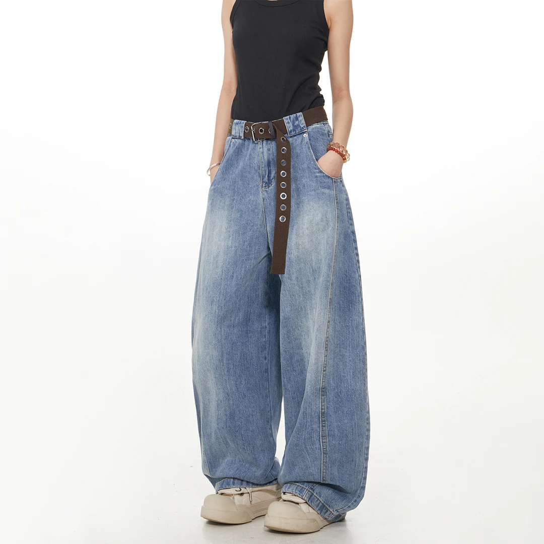 出前一町四季款街头风水洗竹节解构弯刀裤男女同款阔腿休闲牛仔裤