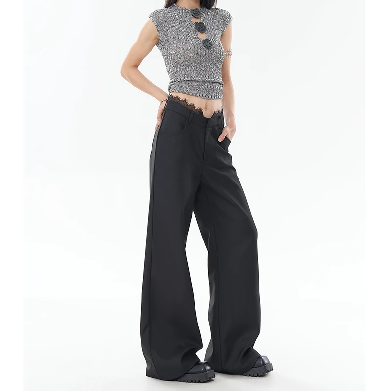 设计感蕾丝腰头拼接西装裤女春夏新款气质辣妹百搭显瘦宽松阔腿裤