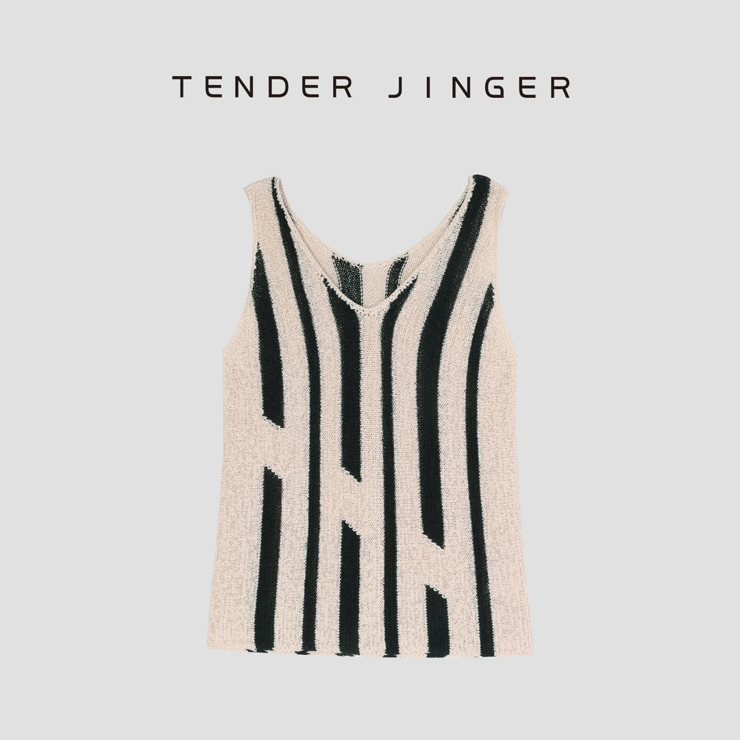 Tender Jinger【专柜】V领无袖显瘦条纹针织背心T52BBS30863