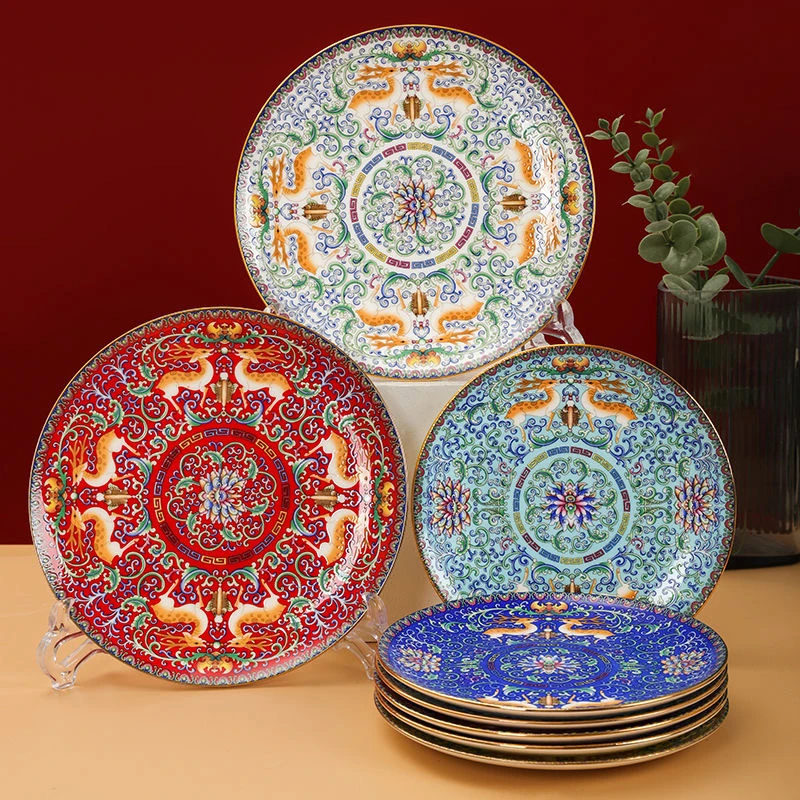 珐琅彩招财鹿8英寸满花平盘