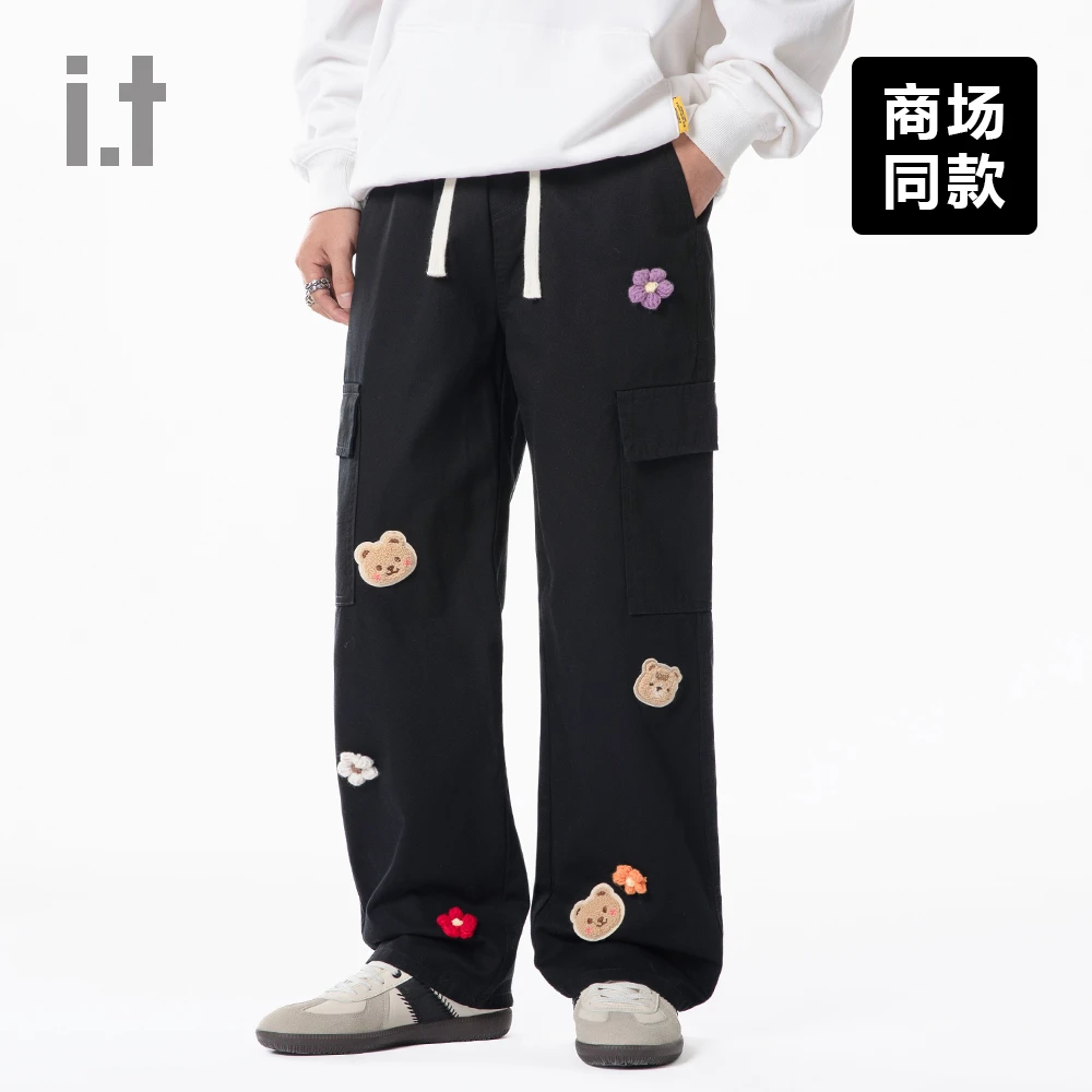 I.T旗下CHOCOOLATE秋季可爱个性小熊花朵章仔宽松休闲工装裤男女