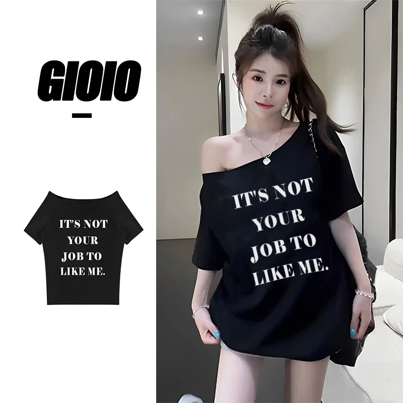 夏季美式辣妹时尚印花纯欲风露肩斜肩显瘦短袖短款T恤女上衣