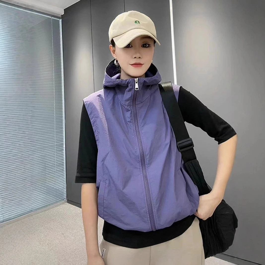 东大门拉链连帽黑色马甲女2025年春夏新款时尚显瘦薄款透气上衣潮